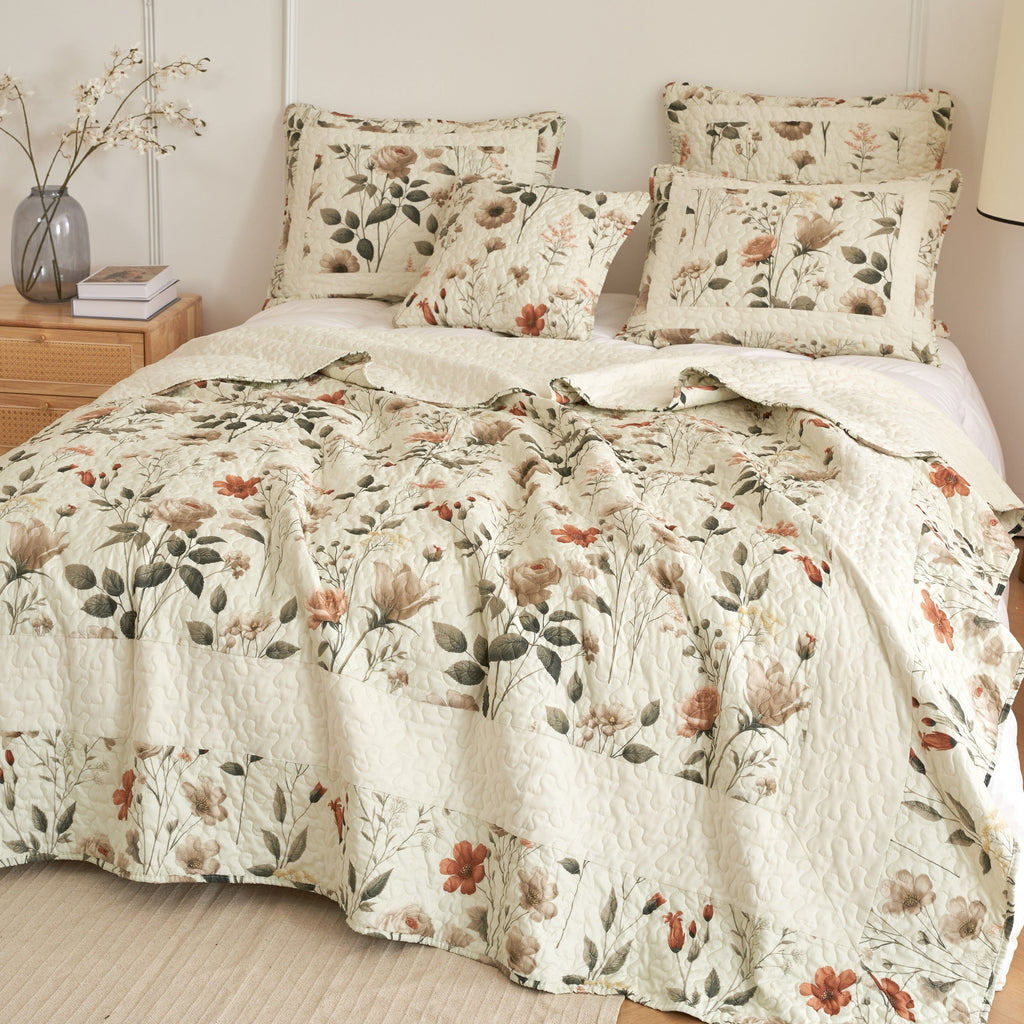 DaDalogy Enchanted Meadow Quilt Set - Victoria Garden Delicate Floral Symphony in Beige, Rose, and Soft Green, Luxuriously Soft Quilted Bedspread Set